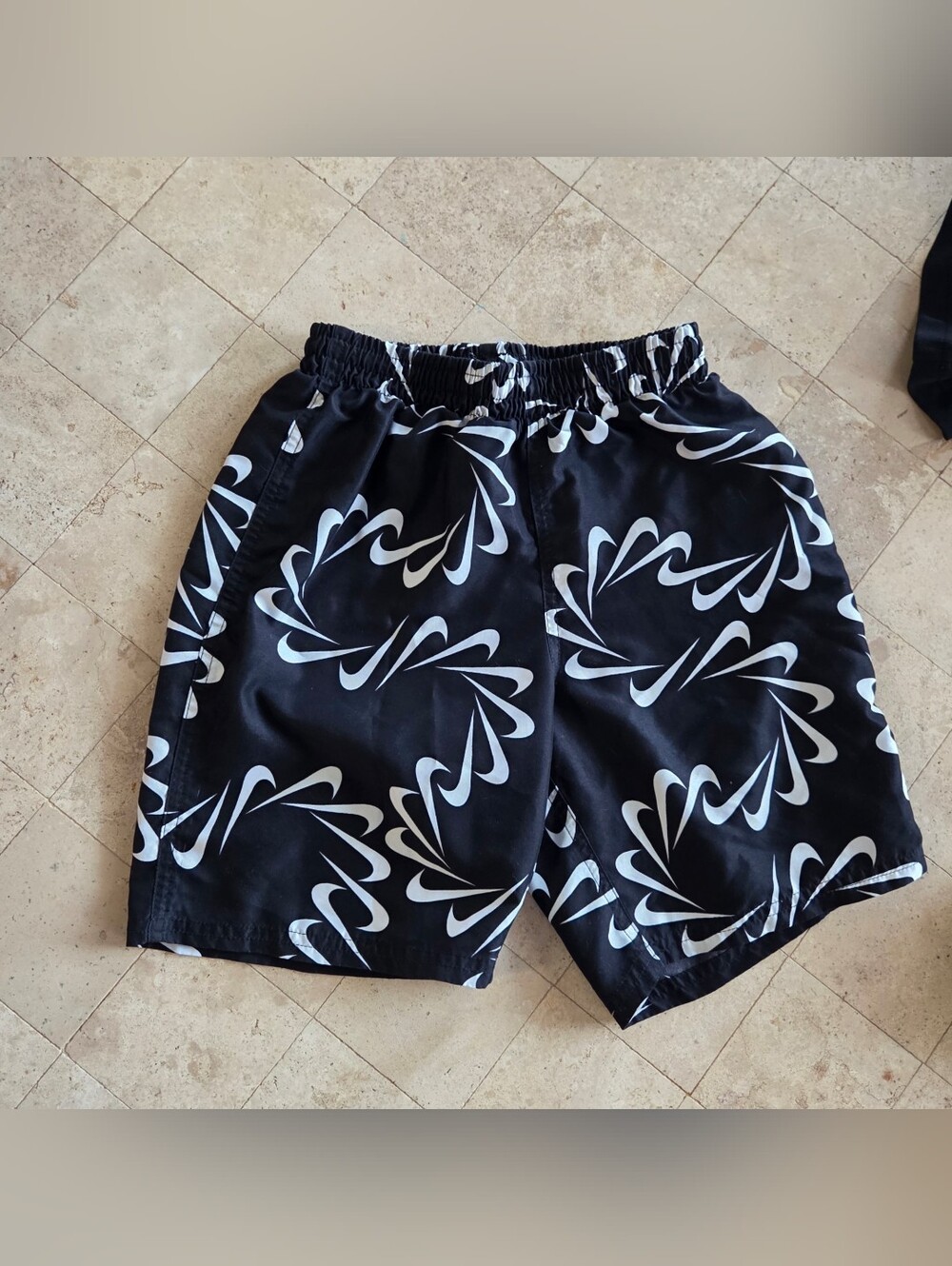 Nike Kids Black Swim Trunks with White Wave Print